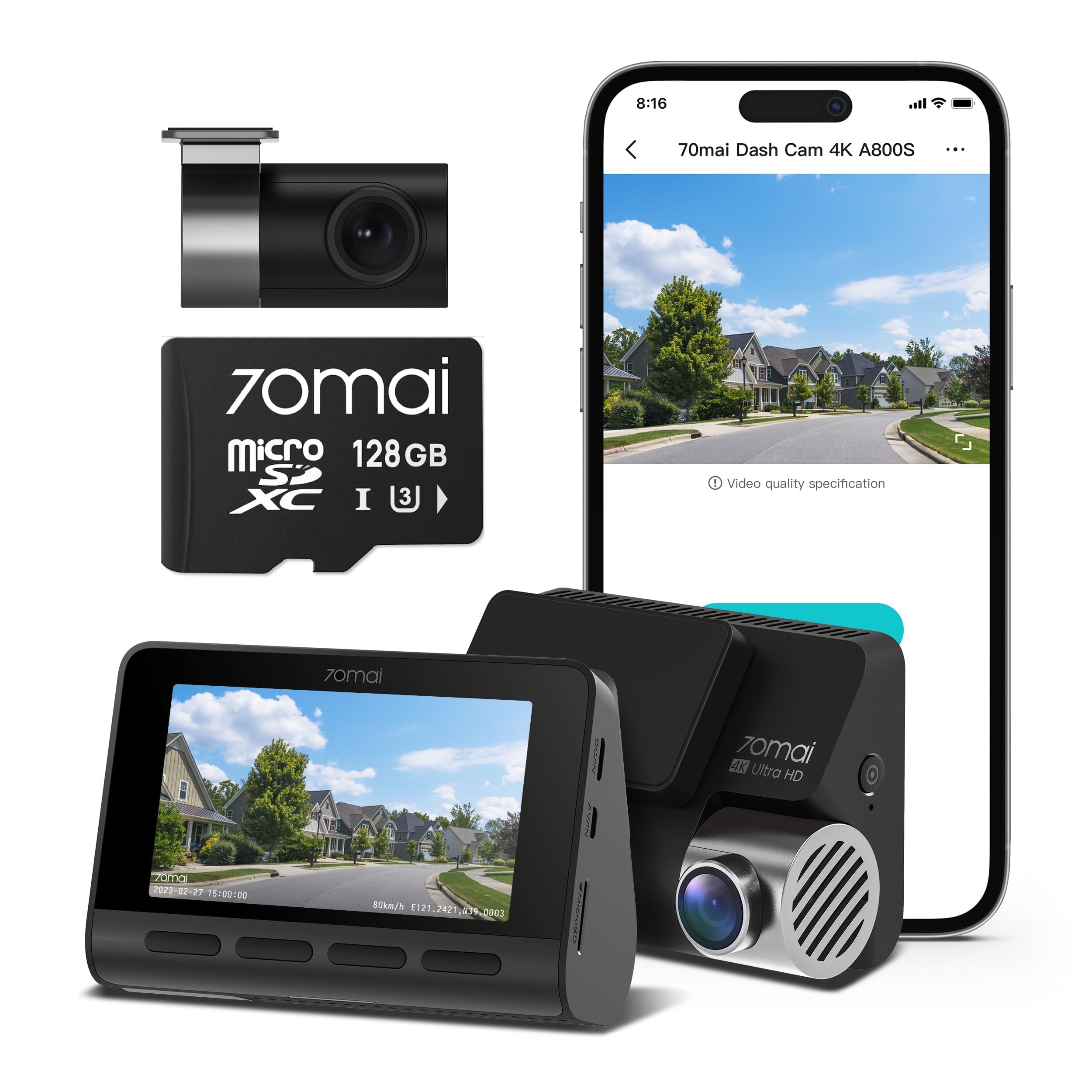 アクセサリー 70mai Dash Cam 4K A800SE Amazon.com: 70mai A800S Dash Cam Bundles with Micro SD Card 128GB